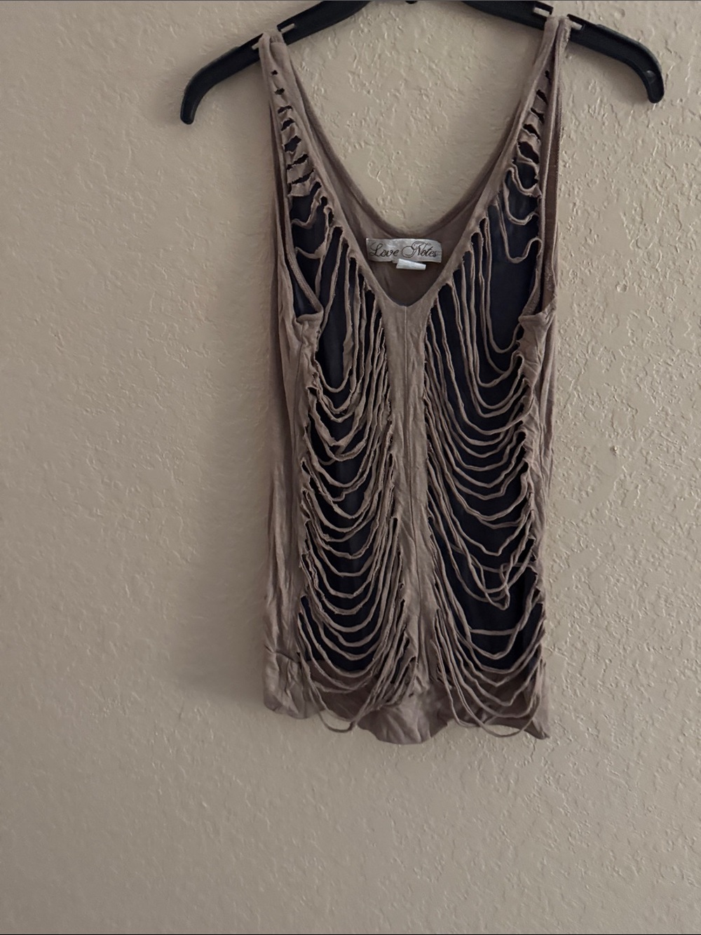 Love Notes Taupe Cutout Fringe-Back Women's Tank Top